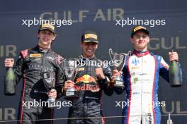 The podium (L to R): Laurens van Hoepen (NLD) ART Grand Prix, second; Arvid Lindblad (GBR) Prema Racing, race winner; Leonardo Fornaroli (ITA) Trident, third. 01.03.2024. FIA Formula 3 Championship, Rd 1, Sprint Race, Sakhir, Bahrain, Friday.